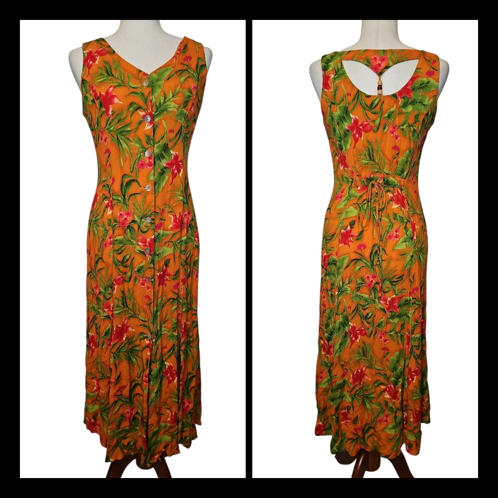 Vintage 90s Dressbarn Tropical Floral Button Front Midi Sundress – Size 6